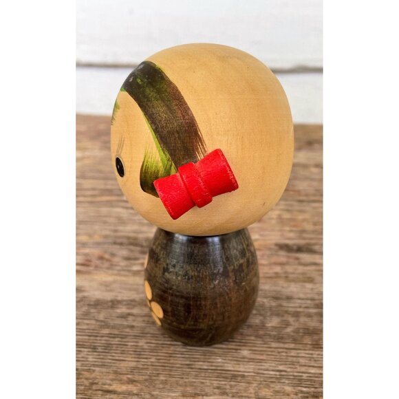 Vintage 1960s Japanese Kokeshi Doll Wood Girll Pigtail Bows 4" - Picture 7 of 9